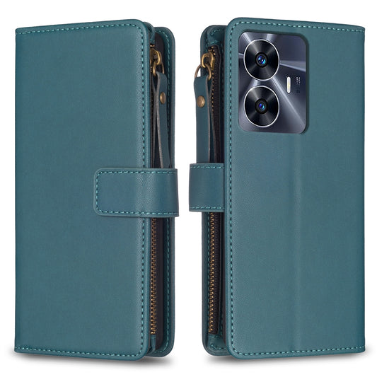 Realme C55 Leather Flip Phone Case with Zipper Wallet and 9 Card Slots, Durable PU + TPU Material