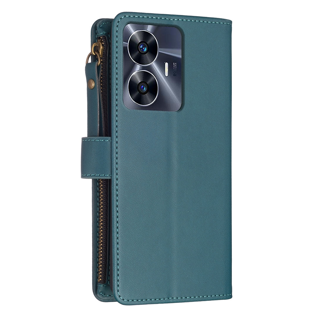 Realme C55 Leather Flip Phone Case with Zipper Wallet and 9 Card Slots, Durable PU + TPU Material