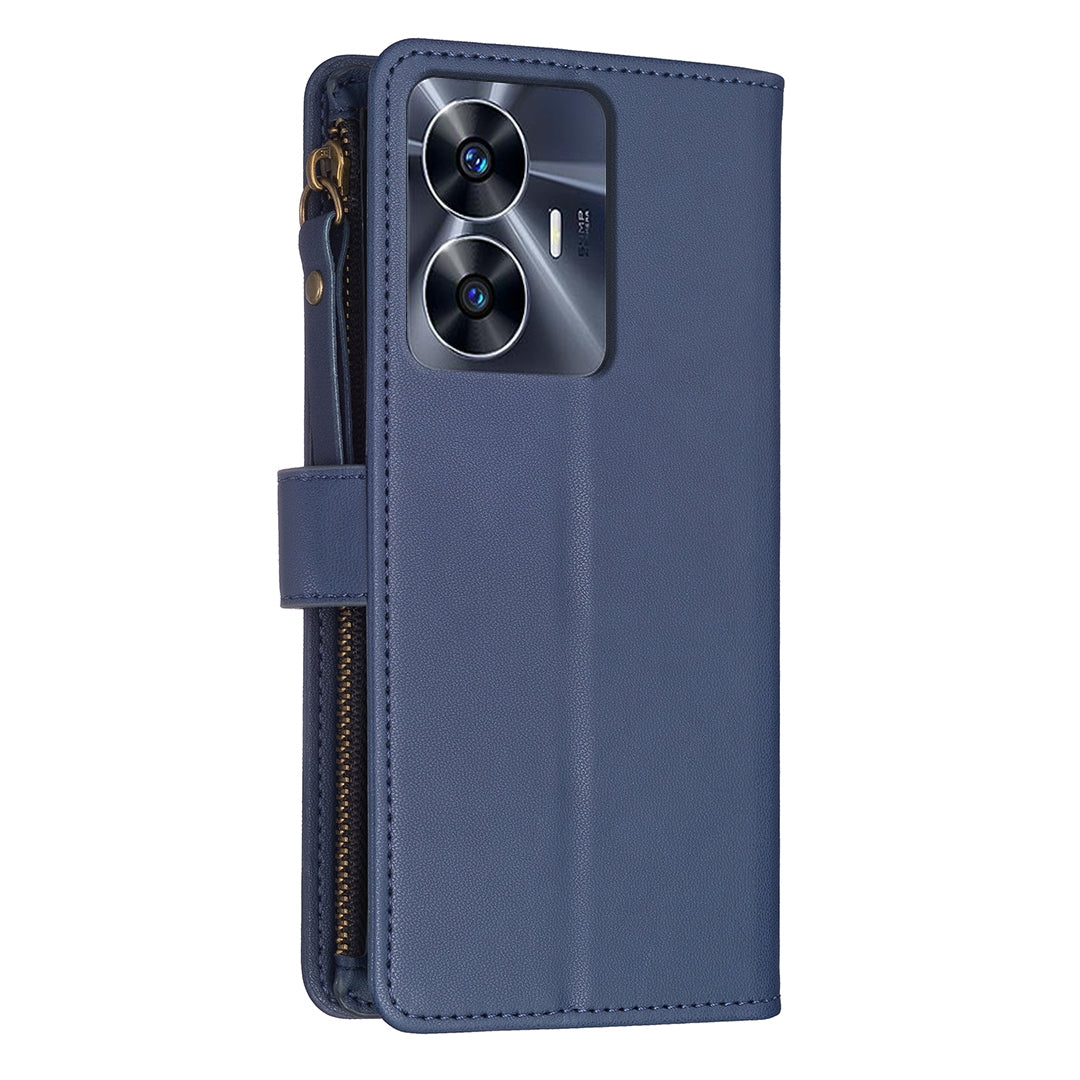 Realme C55 Leather Flip Phone Case with Zipper Wallet and 9 Card Slots, Durable PU + TPU Material