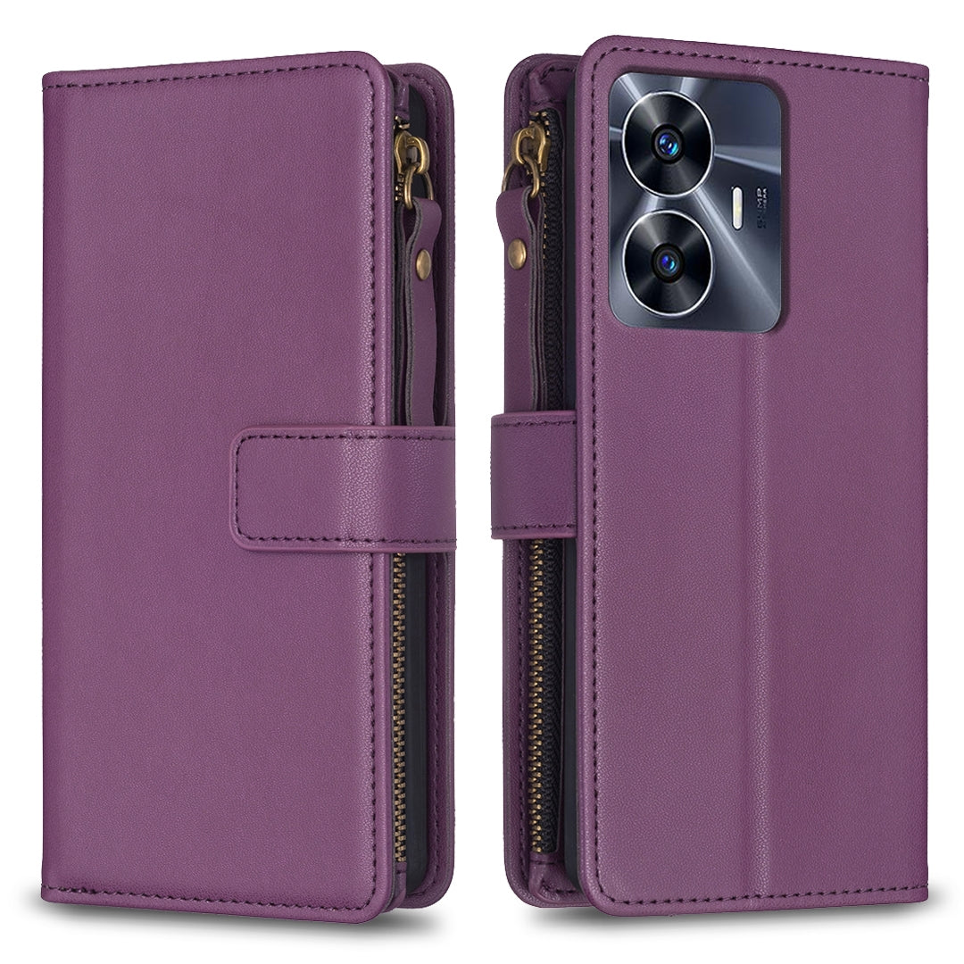 Realme C55 Leather Flip Phone Case with Zipper Wallet and 9 Card Slots, Durable PU + TPU Material