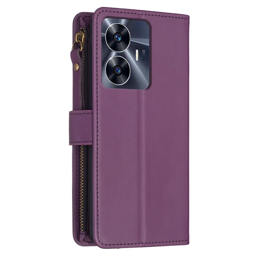 Realme C55 Leather Flip Phone Case with Zipper Wallet and 9 Card Slots, Durable PU + TPU Material
