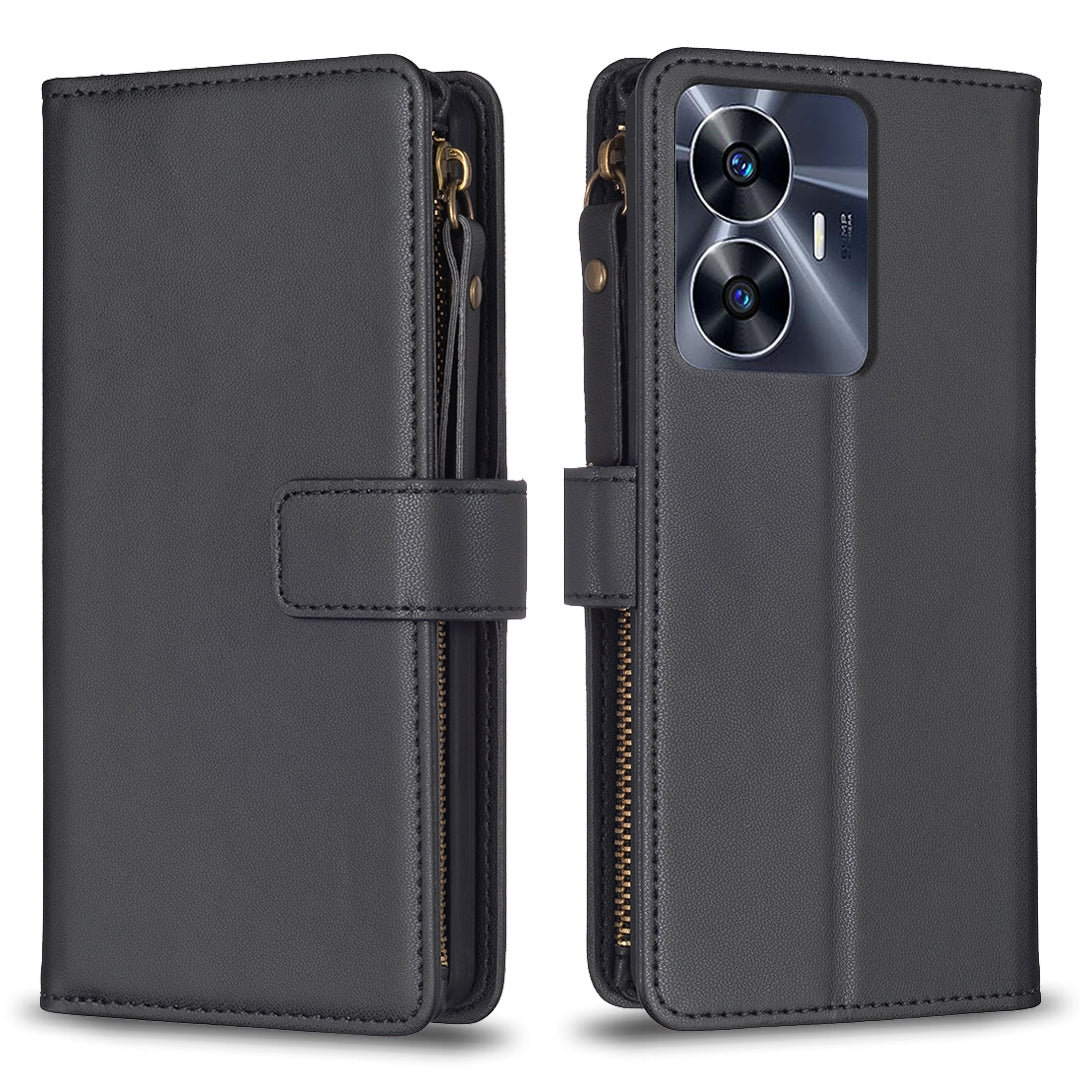 Realme C55 Leather Flip Phone Case with Zipper Wallet and 9 Card Slots, Durable PU + TPU Material