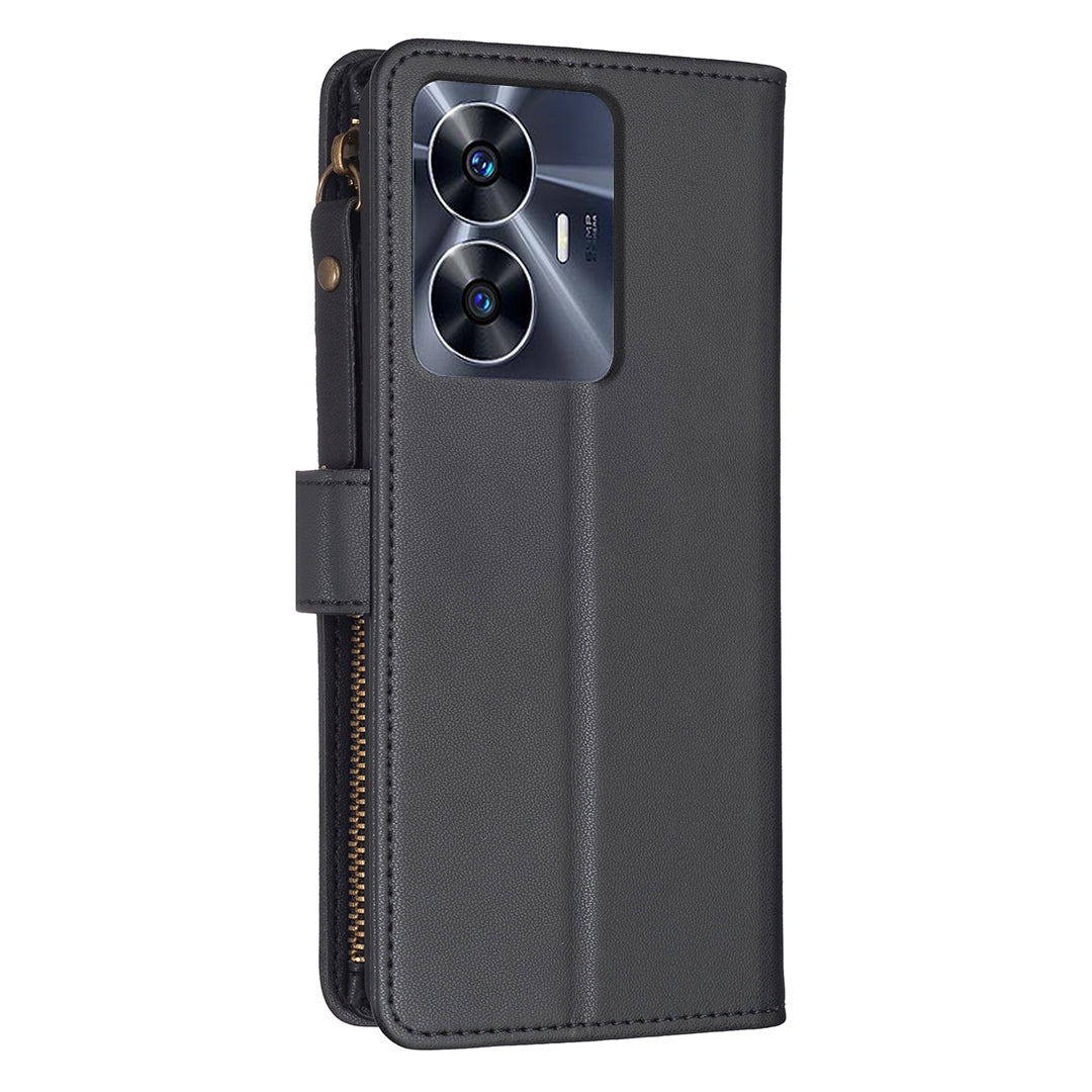 Realme C55 Leather Flip Phone Case with Zipper Wallet and 9 Card Slots, Durable PU + TPU Material