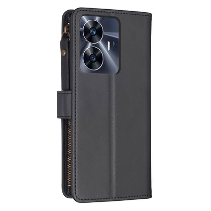 Realme C55 Leather Flip Phone Case with Zipper Wallet and 9 Card Slots, Durable PU + TPU Material