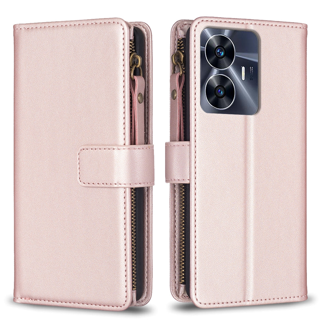 Realme C55 Leather Flip Phone Case with Zipper Wallet and 9 Card Slots, Durable PU + TPU Material