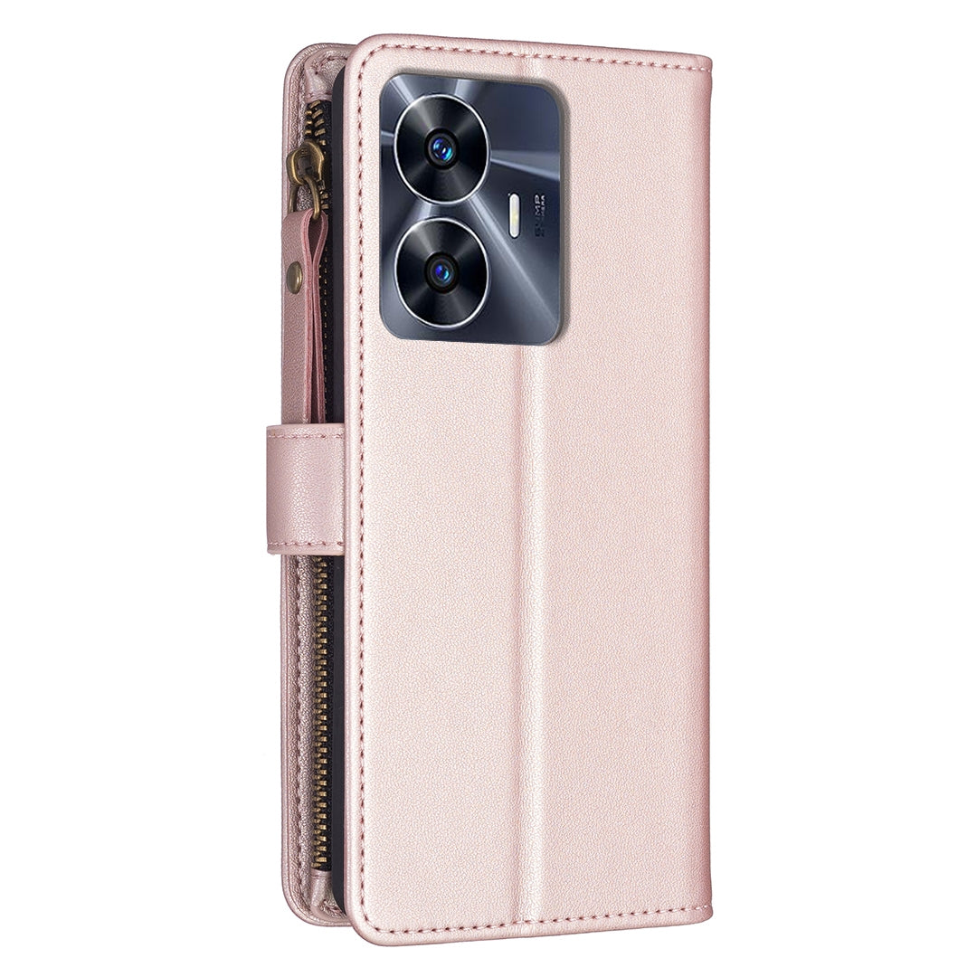 Realme C55 Leather Flip Phone Case with Zipper Wallet and 9 Card Slots, Durable PU + TPU Material