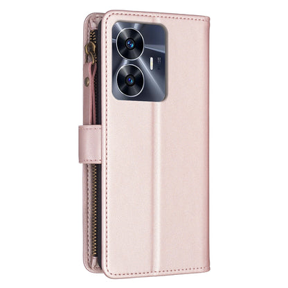 Realme C55 Leather Flip Phone Case with Zipper Wallet and 9 Card Slots, Durable PU + TPU Material