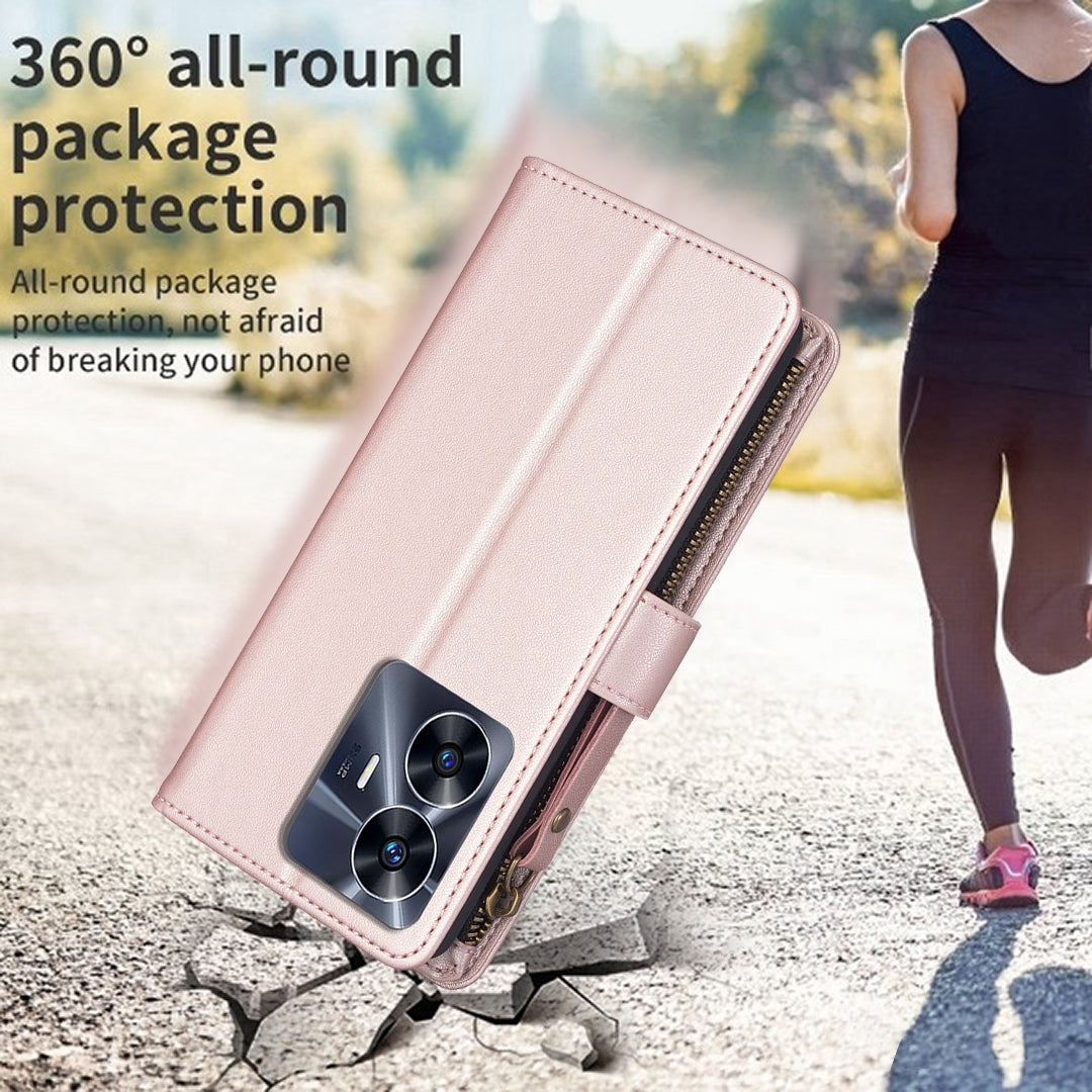 Realme C55 Leather Flip Phone Case with Zipper Wallet and 9 Card Slots, Durable PU + TPU Material