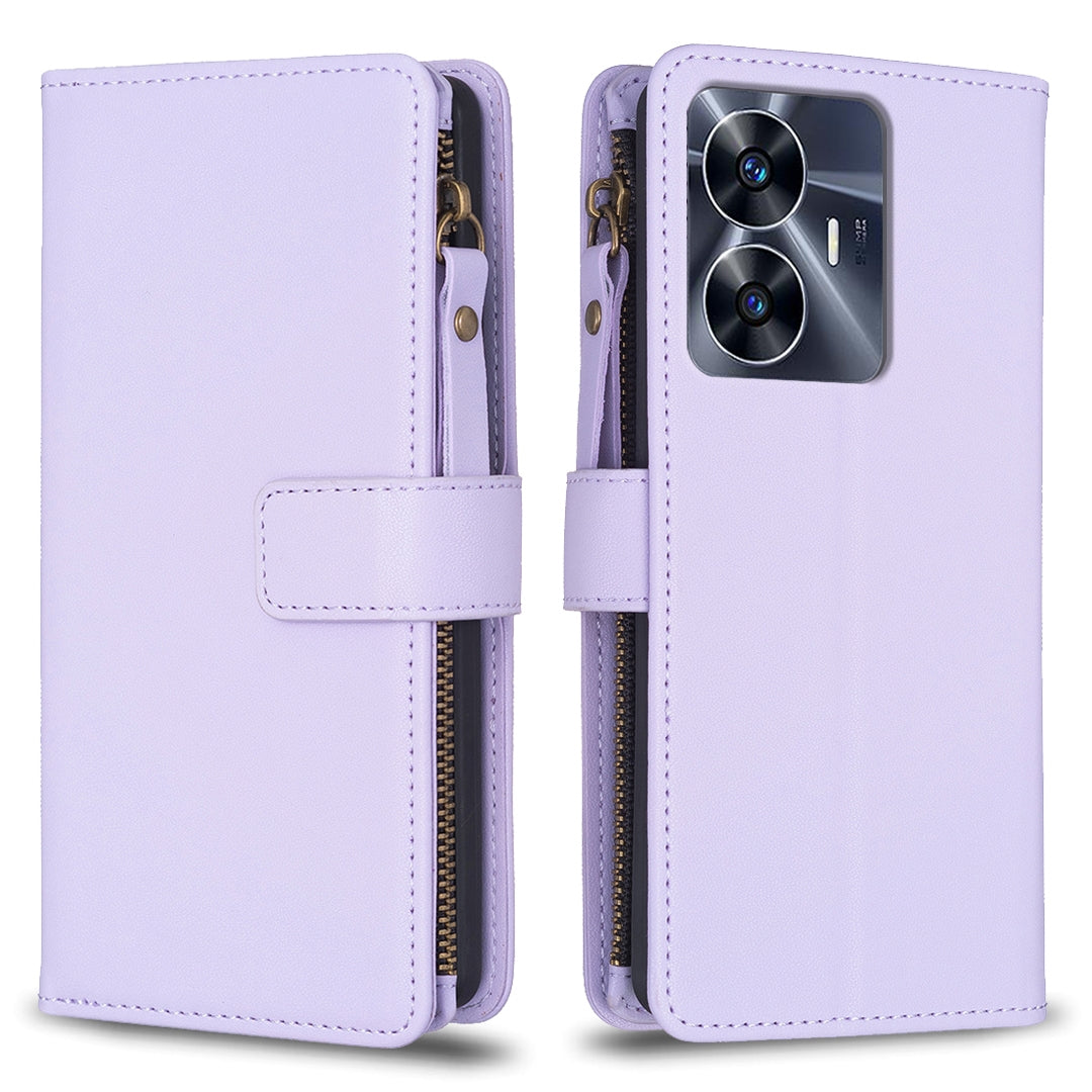 Realme C55 Leather Flip Phone Case with Zipper Wallet and 9 Card Slots, Durable PU + TPU Material