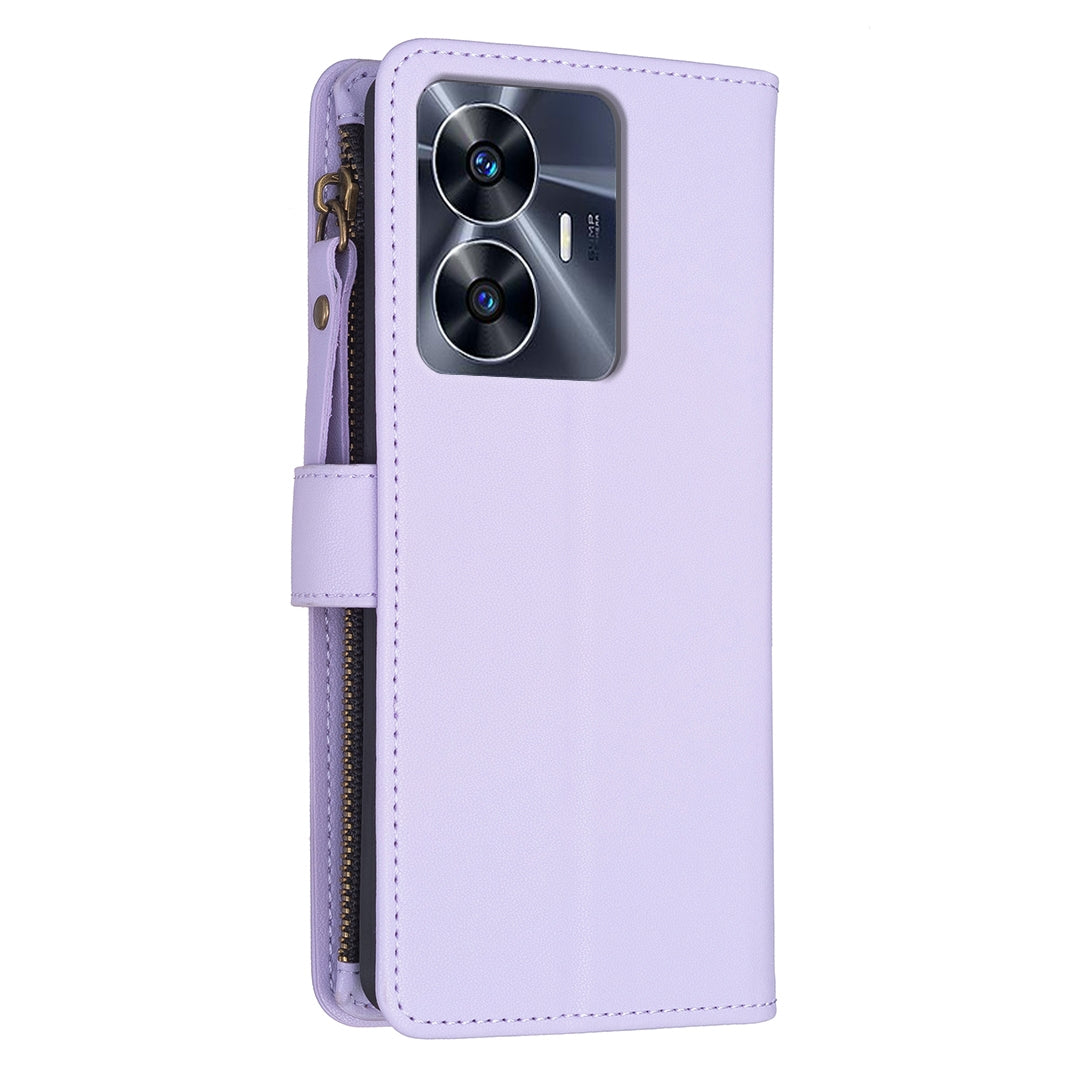 Realme C55 Leather Flip Phone Case with Zipper Wallet and 9 Card Slots, Durable PU + TPU Material
