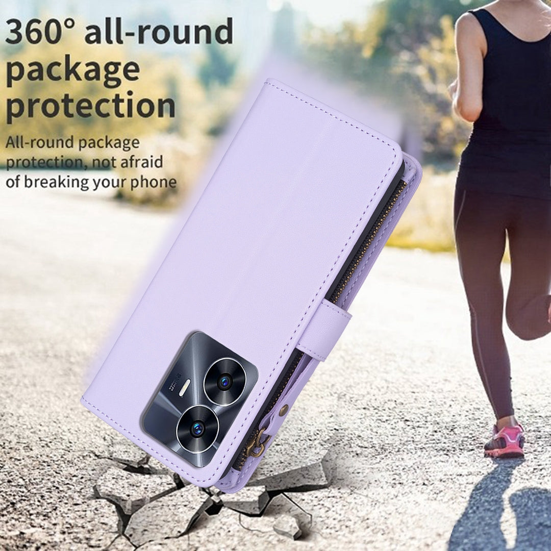 Realme C55 Leather Flip Phone Case with Zipper Wallet and 9 Card Slots, Durable PU + TPU Material