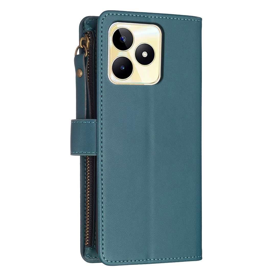 Realme C53 Leather Flip Phone Case with Zipper Wallet and 9 Card Slots, Durable PU + TPU Material