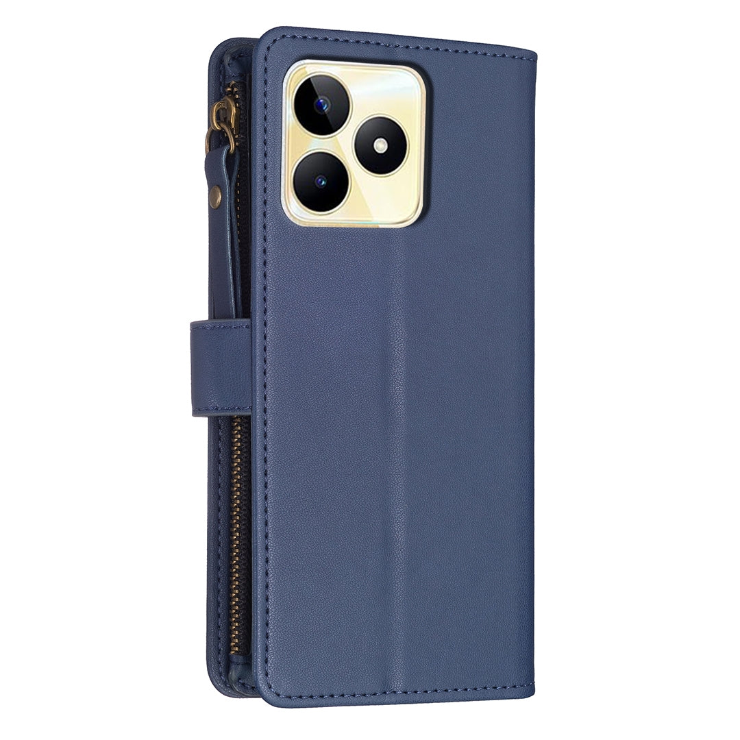 Realme C53 Leather Flip Phone Case with Zipper Wallet and 9 Card Slots, Durable PU + TPU Material