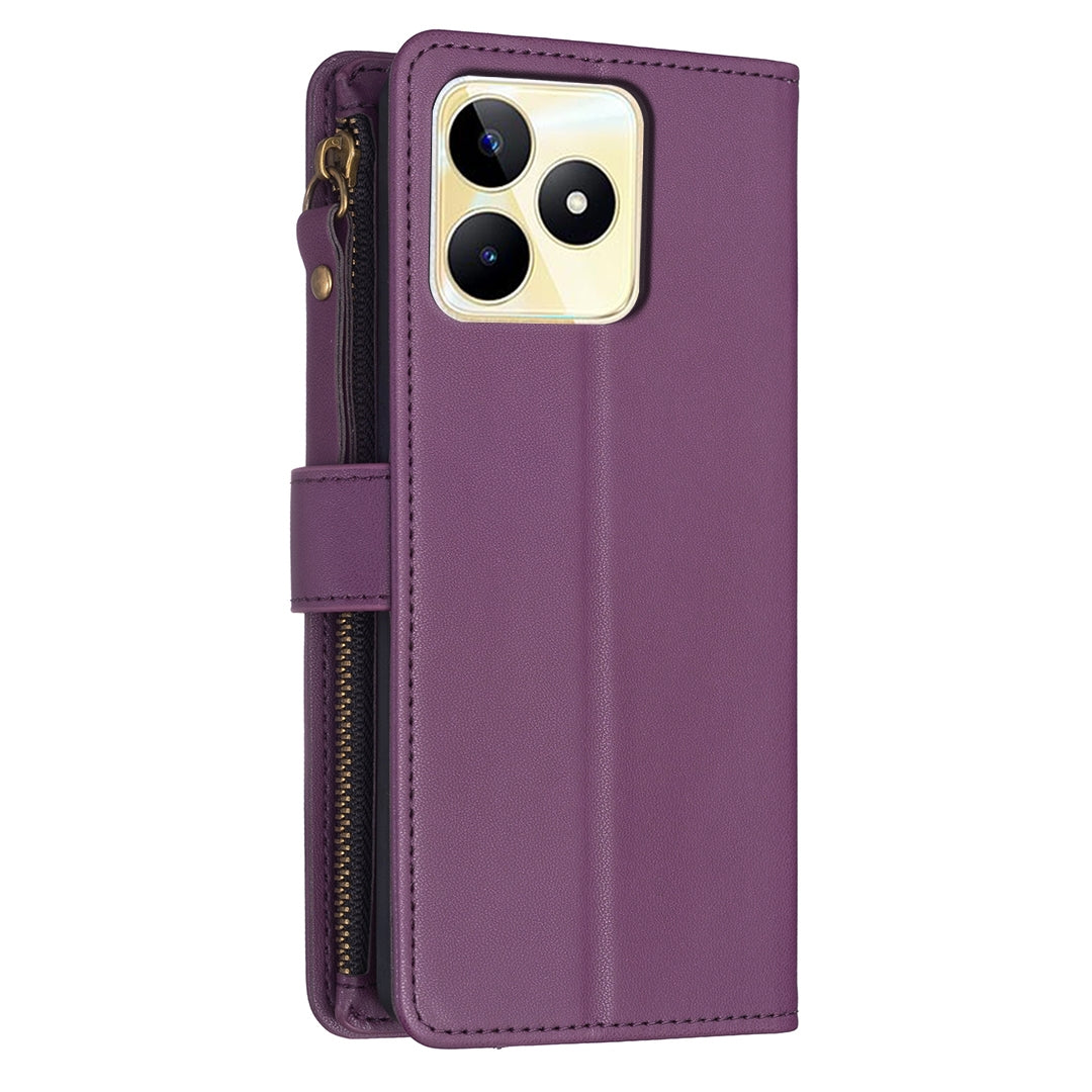 Realme C53 Leather Flip Phone Case with Zipper Wallet and 9 Card Slots, Durable PU + TPU Material