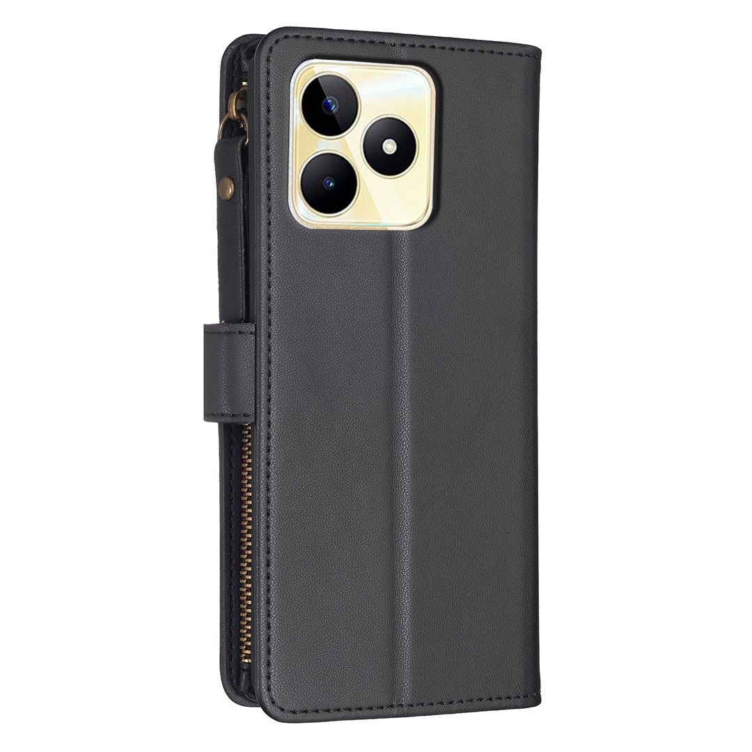 Realme C53 Leather Flip Phone Case with Zipper Wallet and 9 Card Slots, Durable PU + TPU Material