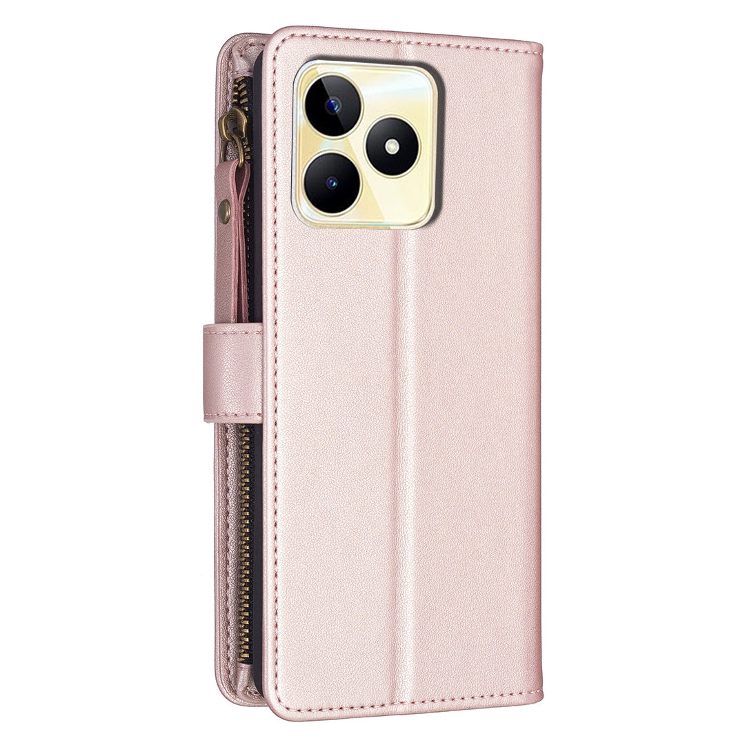 Realme C53 Leather Flip Phone Case with Zipper Wallet and 9 Card Slots, Durable PU + TPU Material