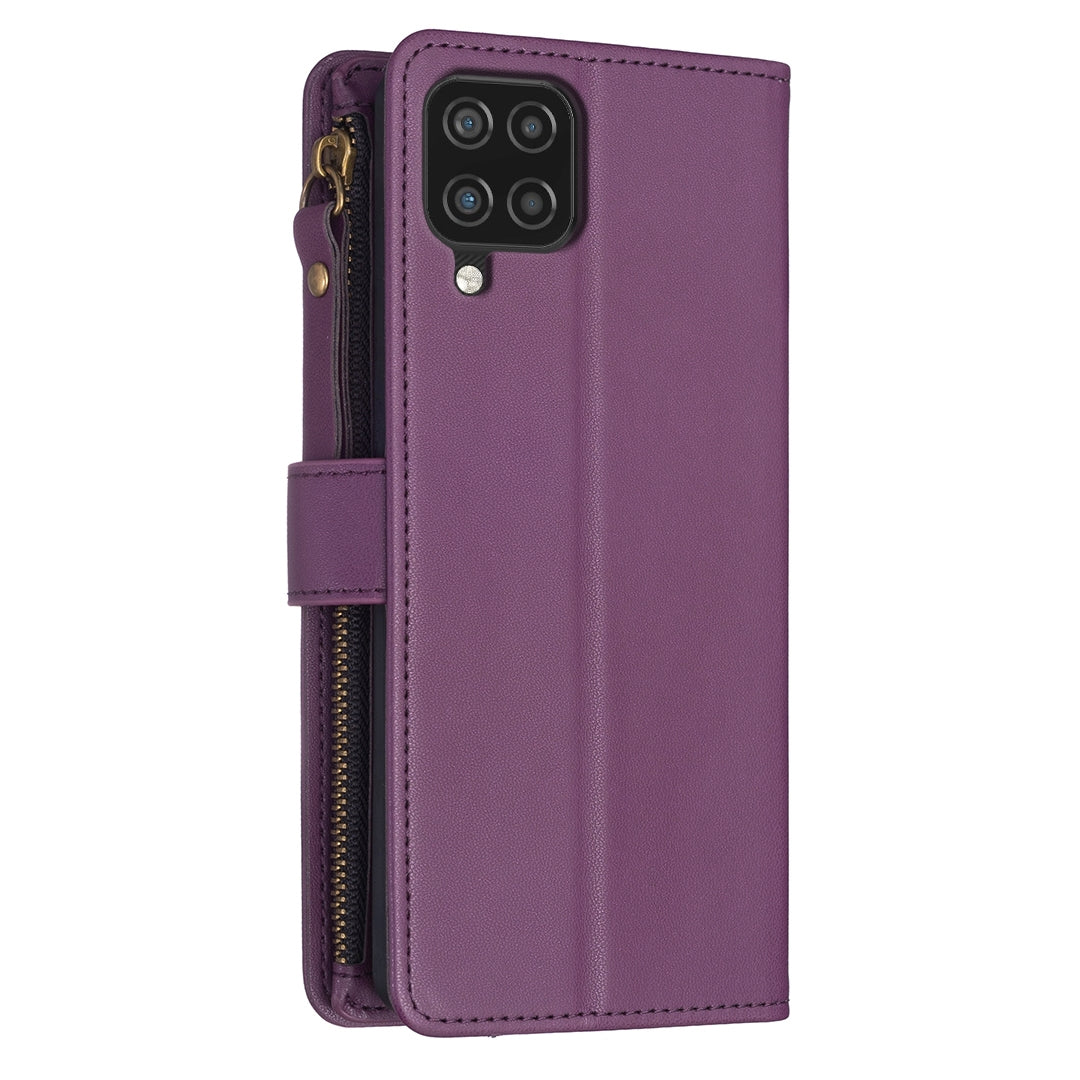 Samsung Galaxy A12 Leather Flip Phone Case with Zipper Wallet and 9 Card Slots, Durable PU + TPU Material
