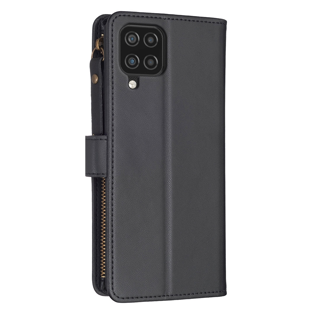 Samsung Galaxy A12 Leather Flip Phone Case with Zipper Wallet and 9 Card Slots, Durable PU + TPU Material