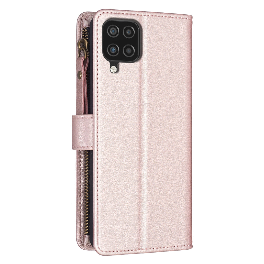 Samsung Galaxy A12 Leather Flip Phone Case with Zipper Wallet and 9 Card Slots, Durable PU + TPU Material