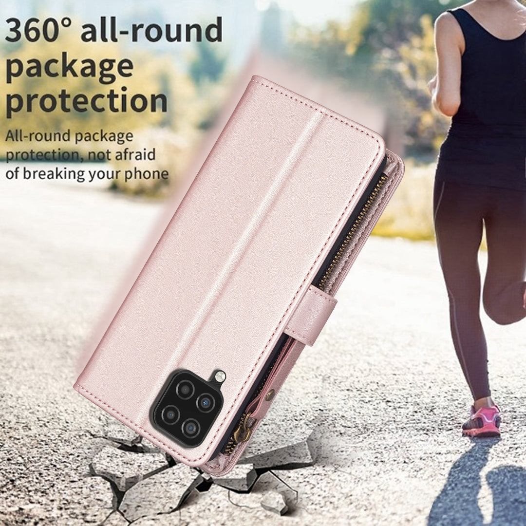 Samsung Galaxy A12 Leather Flip Phone Case with Zipper Wallet and 9 Card Slots, Durable PU + TPU Material