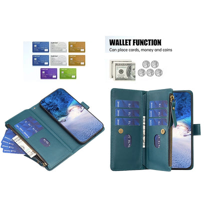 Samsung Galaxy A13 Leather Flip Phone Case with Zipper Wallet and 9 Card Slots, Durable PU + TPU Material