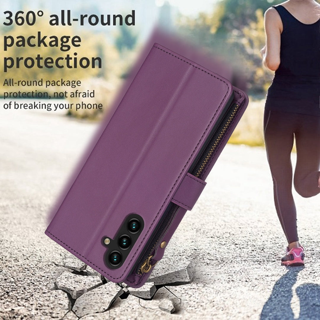 Samsung Galaxy A13 Leather Flip Phone Case with Zipper Wallet and 9 Card Slots, Durable PU + TPU Material