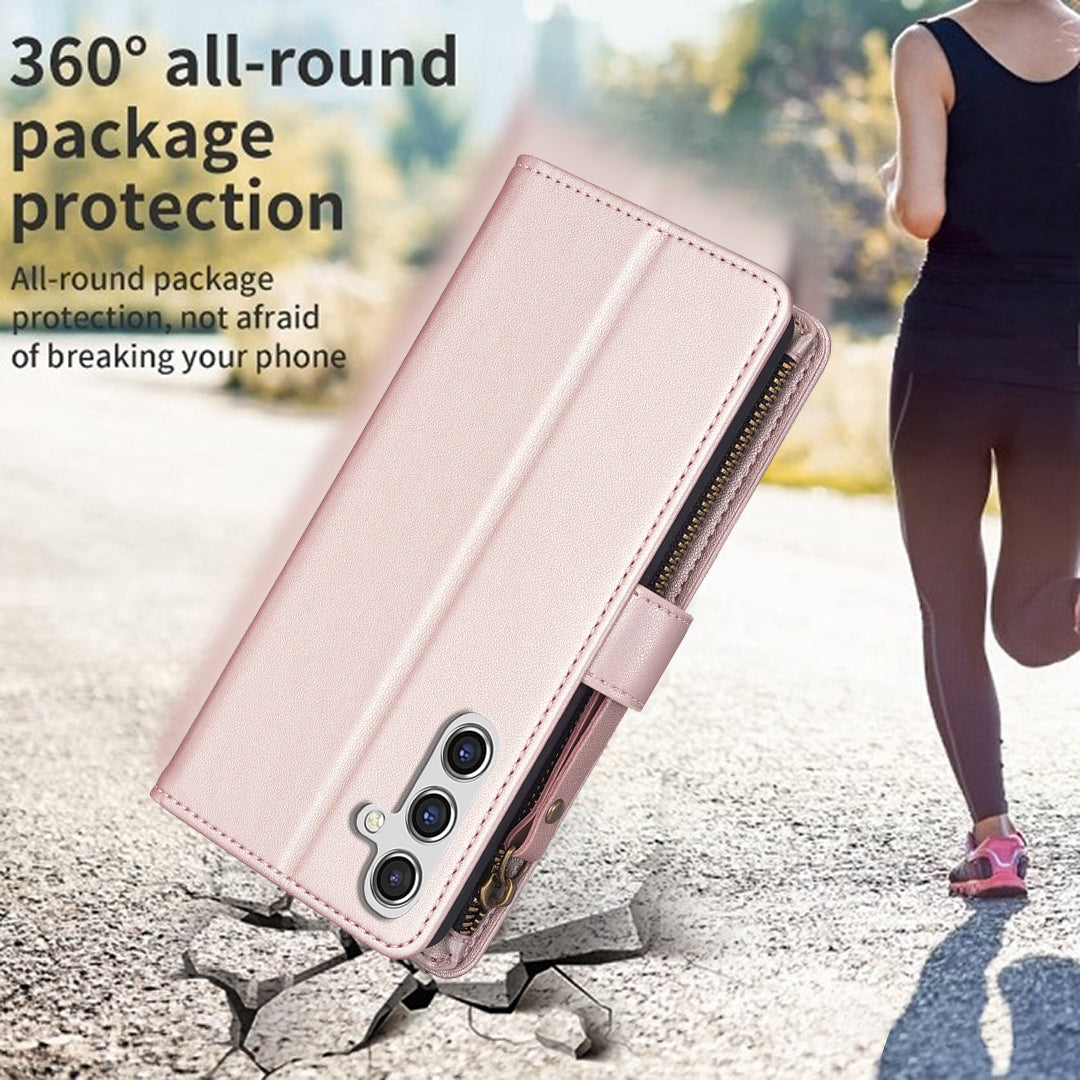 Samsung Galaxy A14 Leather Flip Phone Case with Zipper Wallet and 9 Card Slots, Durable PU + TPU Material