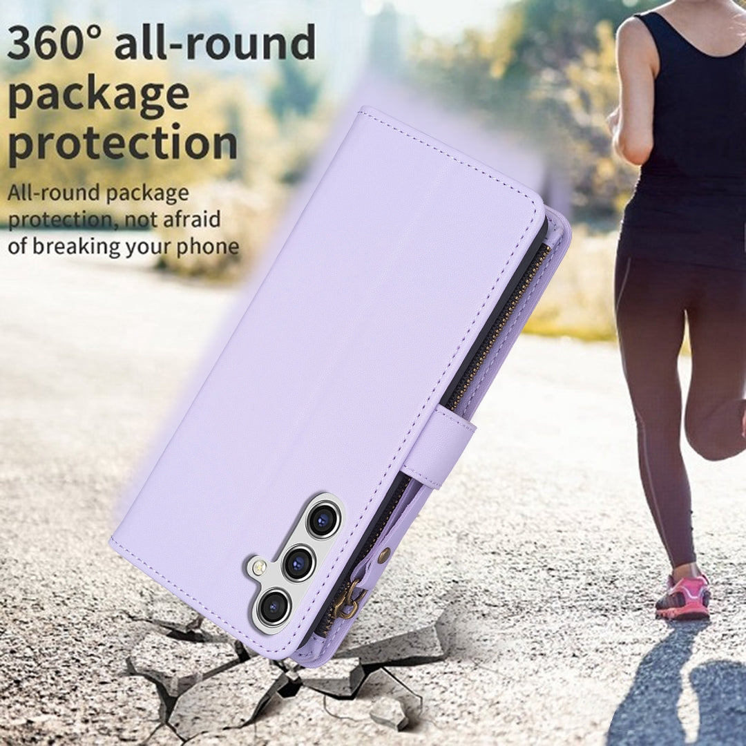 Samsung Galaxy A14 Leather Flip Phone Case with Zipper Wallet and 9 Card Slots, Durable PU + TPU Material