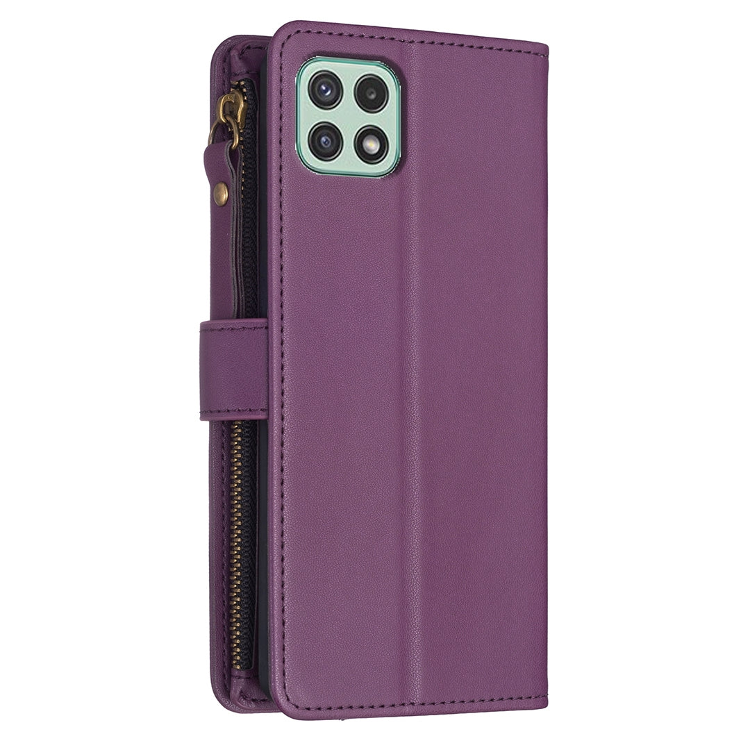 Samsung Galaxy A22 5G Leather Flip Phone Case with Zipper Wallet and 9 Card Slots, Durable PU + TPU Material