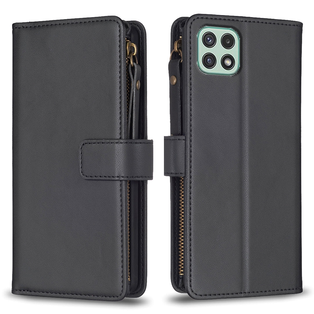 Samsung Galaxy A22 5G Leather Flip Phone Case with Zipper Wallet and 9 Card Slots, Durable PU + TPU Material