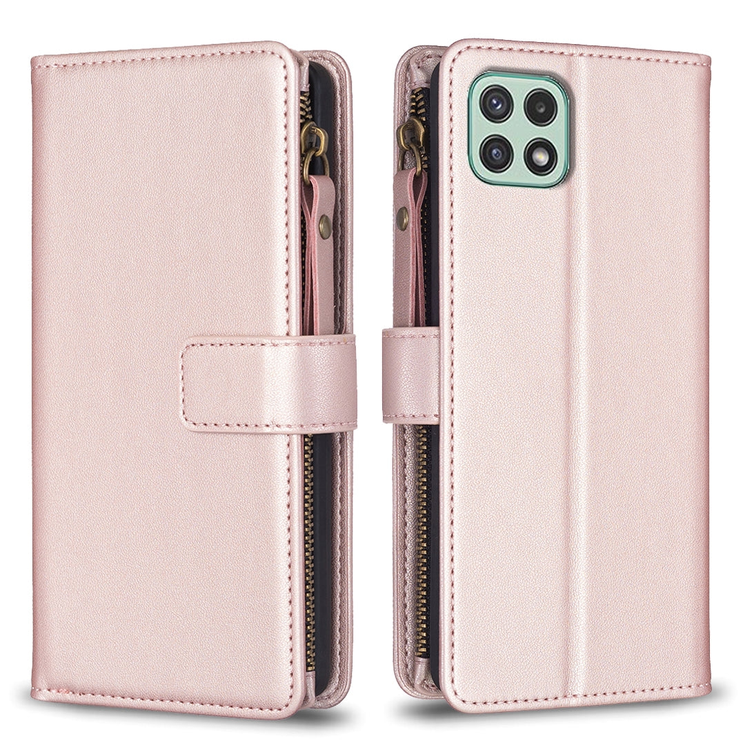 Samsung Galaxy A22 5G Leather Flip Phone Case with Zipper Wallet and 9 Card Slots, Durable PU + TPU Material