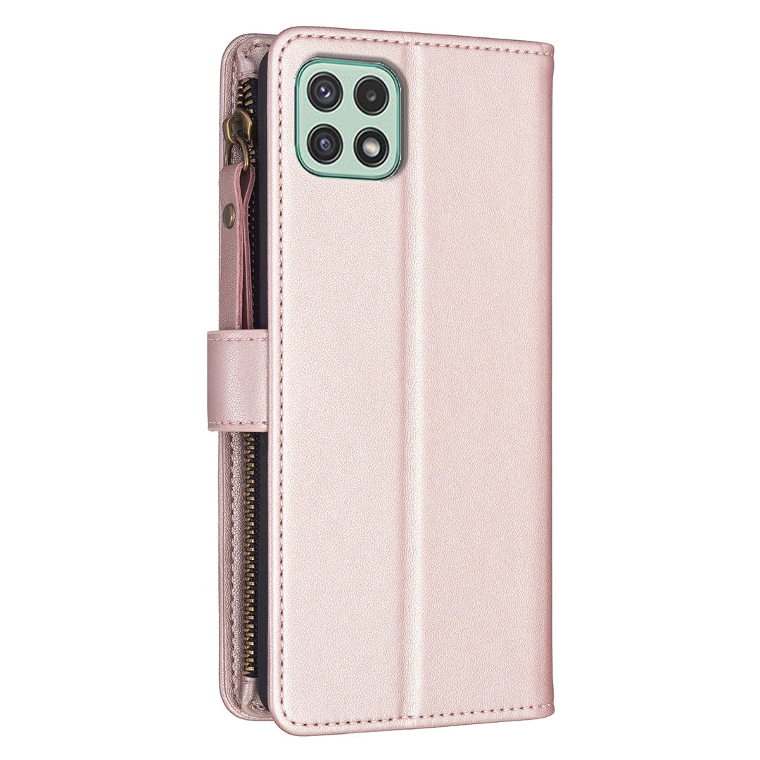 Samsung Galaxy A22 5G Leather Flip Phone Case with Zipper Wallet and 9 Card Slots, Durable PU + TPU Material