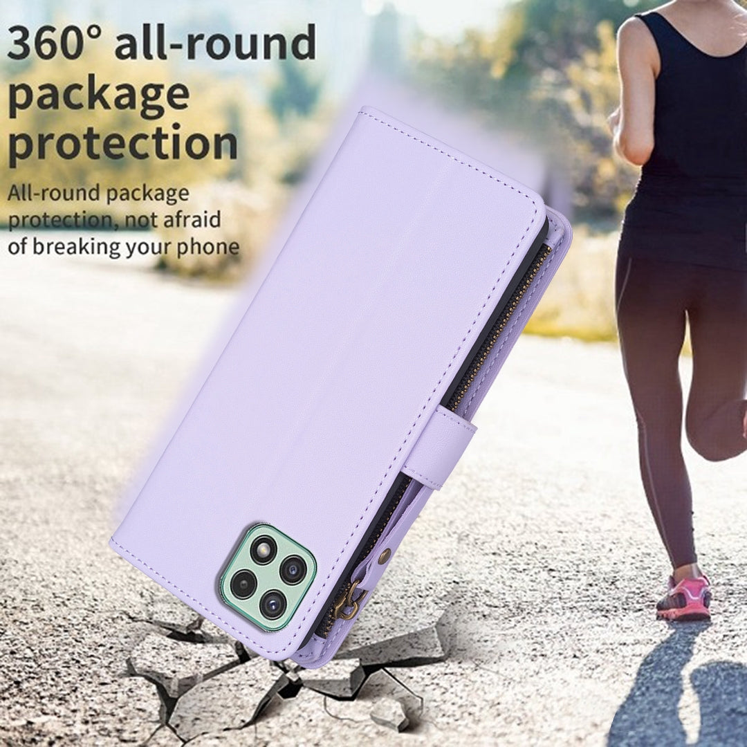 Samsung Galaxy A22 5G Leather Flip Phone Case with Zipper Wallet and 9 Card Slots, Durable PU + TPU Material