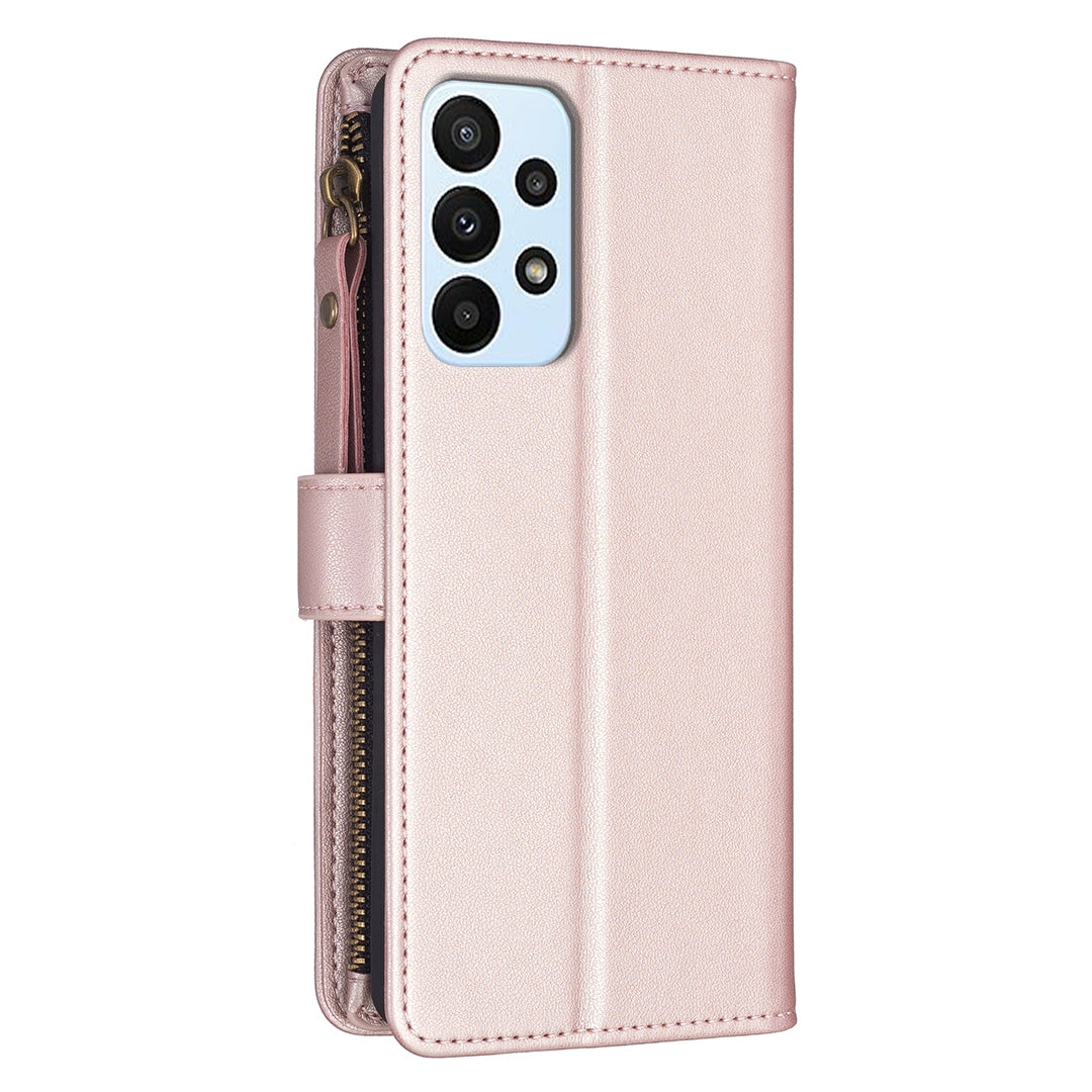 Samsung Galaxy A23 4G Leather Flip Phone Case with Zipper Wallet and 9 Card Slots, Durable PU + TPU Material