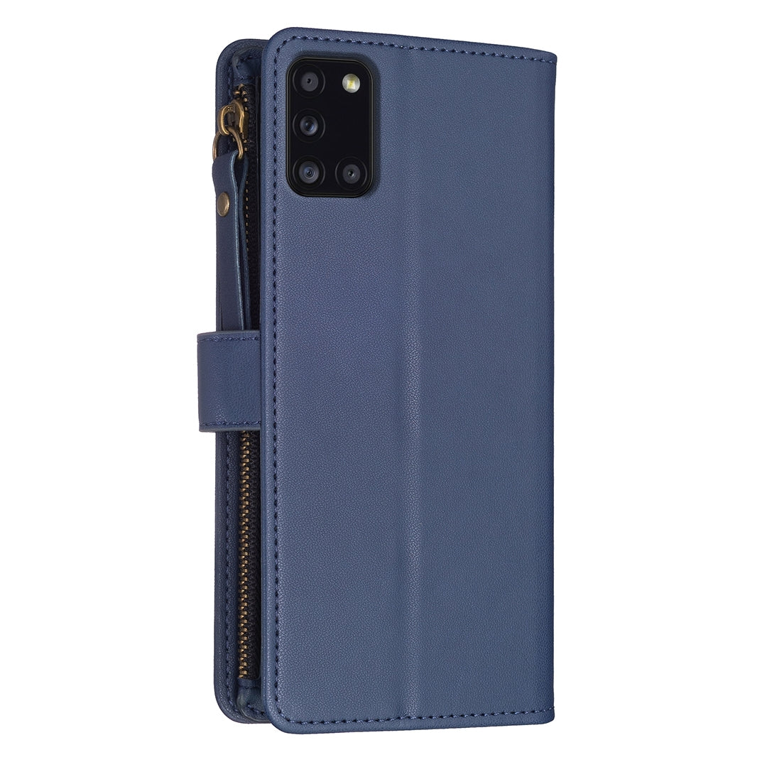 Samsung Galaxy A31 Leather Flip Phone Case with Zipper Wallet and 9 Card Slots, Durable PU + TPU Material
