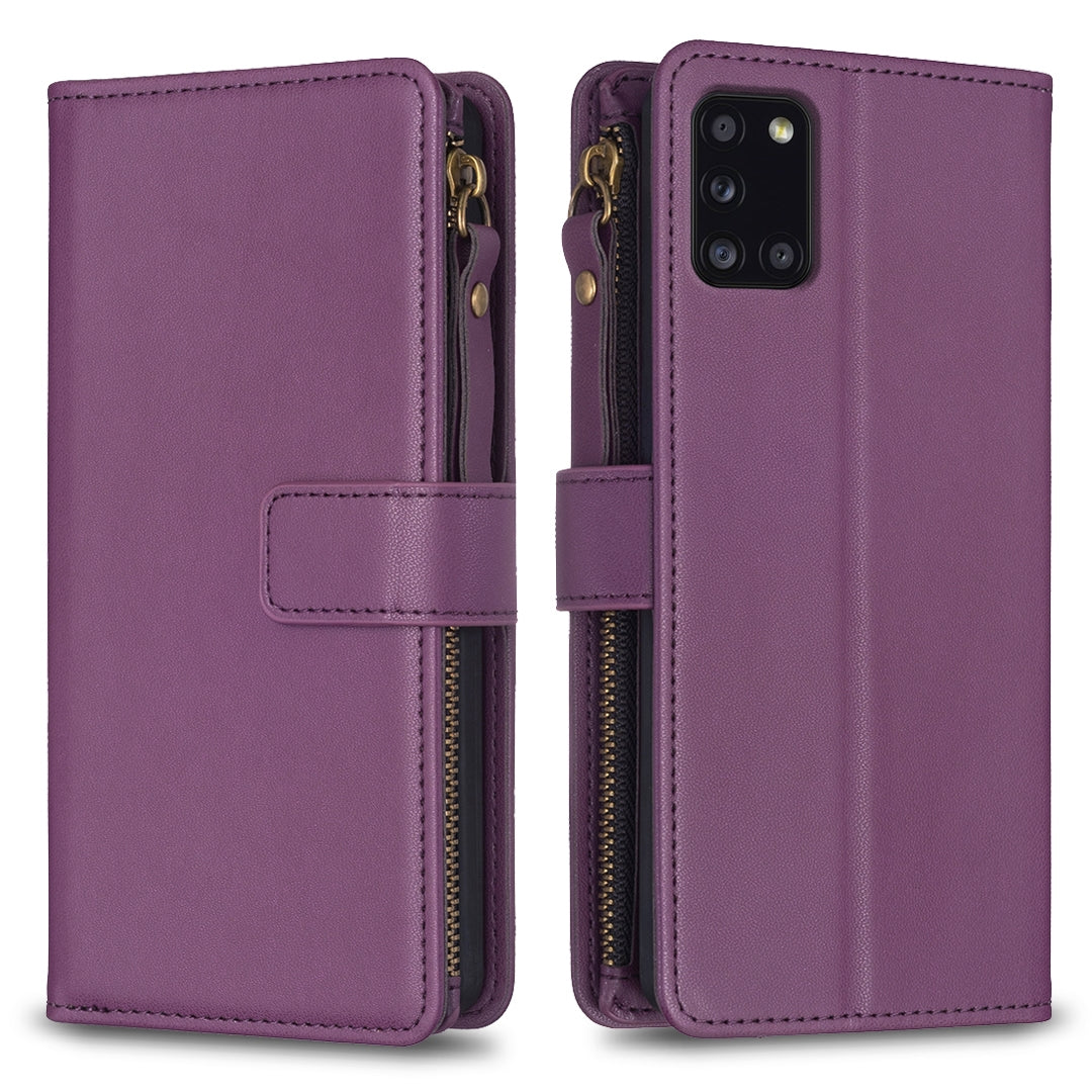 Samsung Galaxy A31 Leather Flip Phone Case with Zipper Wallet and 9 Card Slots, Durable PU + TPU Material