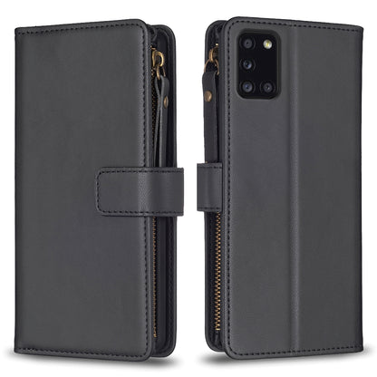 Samsung Galaxy A31 Leather Flip Phone Case with Zipper Wallet and 9 Card Slots, Durable PU + TPU Material