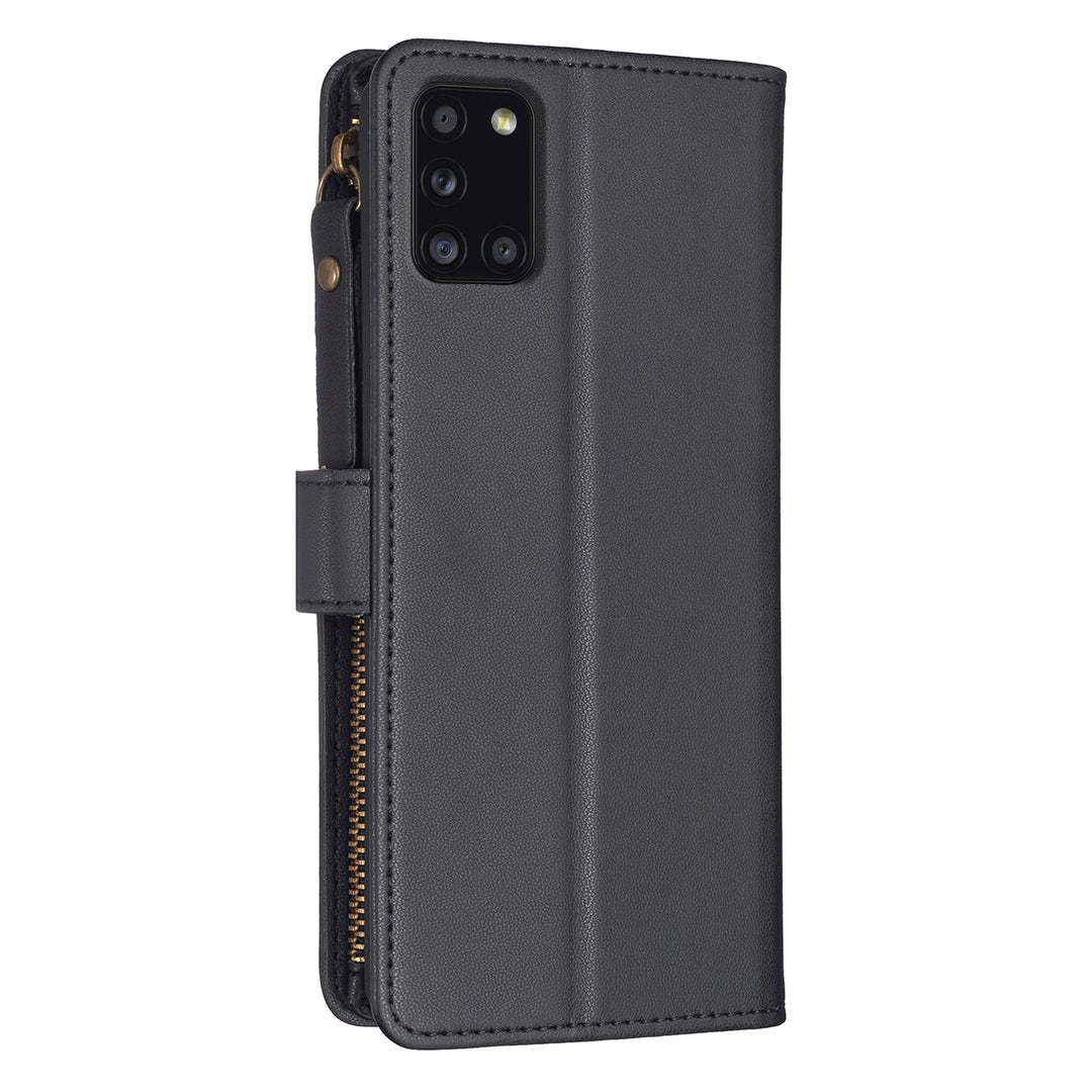 Samsung Galaxy A31 Leather Flip Phone Case with Zipper Wallet and 9 Card Slots, Durable PU + TPU Material