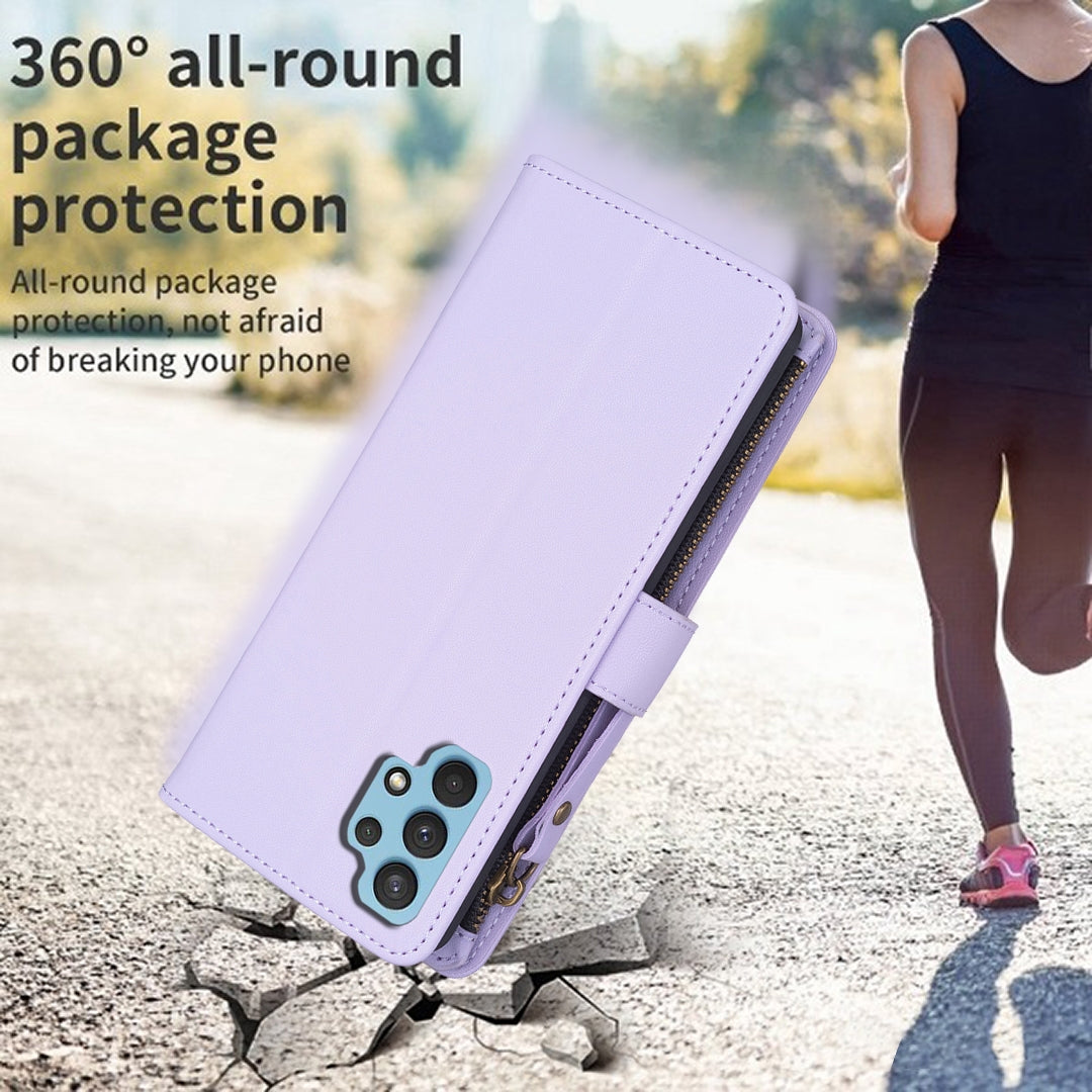 Samsung Galaxy A32 4G Leather Flip Phone Case with Zipper Wallet and 9 Card Slots, Durable PU + TPU Material