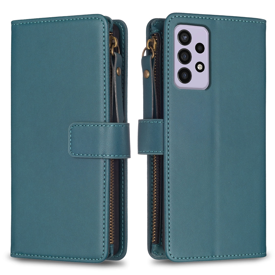 Samsung Galaxy A33 Leather Flip Phone Case with Zipper Wallet and 9 Card Slots, Durable PU + TPU Material