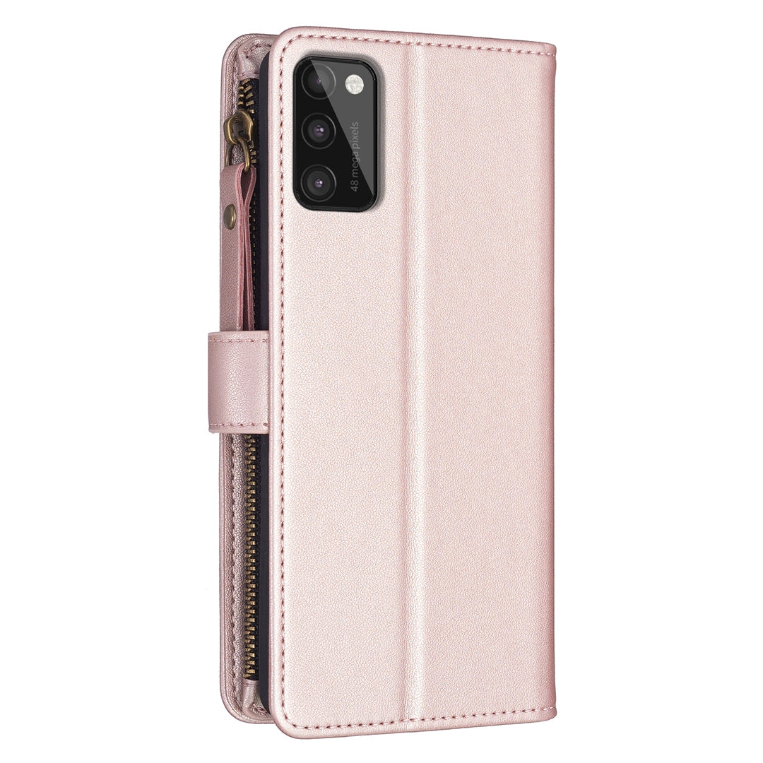 Samsung Galaxy A41 Leather Flip Phone Case with Zipper Wallet and 9 Card Slots, Durable PU + TPU Material