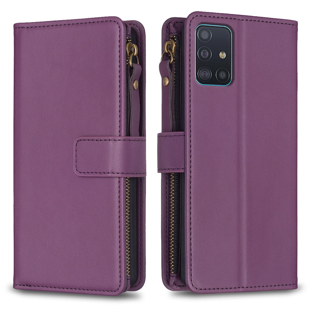 Samsung Galaxy A51 4G Leather Flip Phone Case with Zipper Wallet and 9 Card Slots, Durable PU + TPU Material