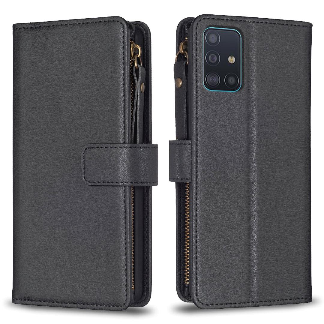 Samsung Galaxy A51 4G Leather Flip Phone Case with Zipper Wallet and 9 Card Slots, Durable PU + TPU Material