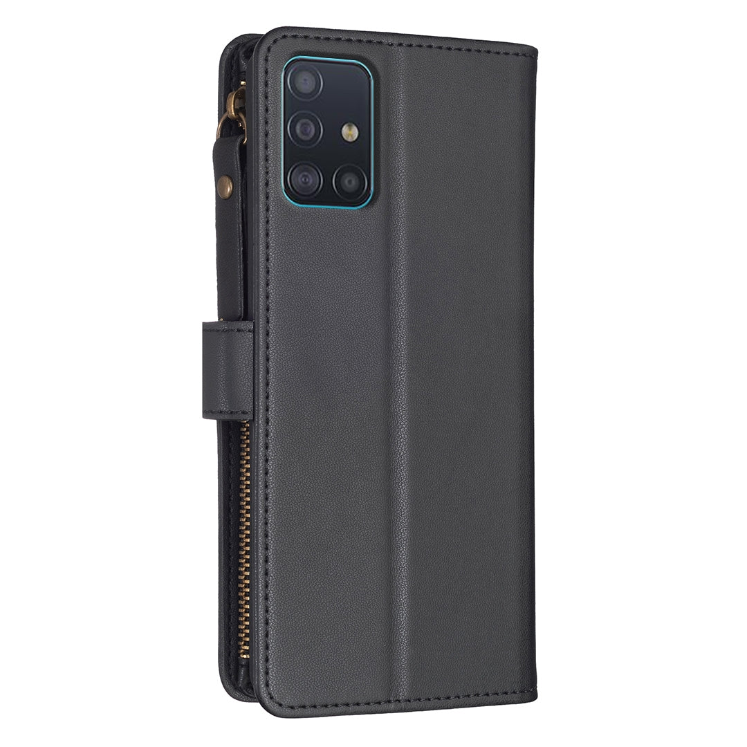 Samsung Galaxy A51 4G Leather Flip Phone Case with Zipper Wallet and 9 Card Slots, Durable PU + TPU Material