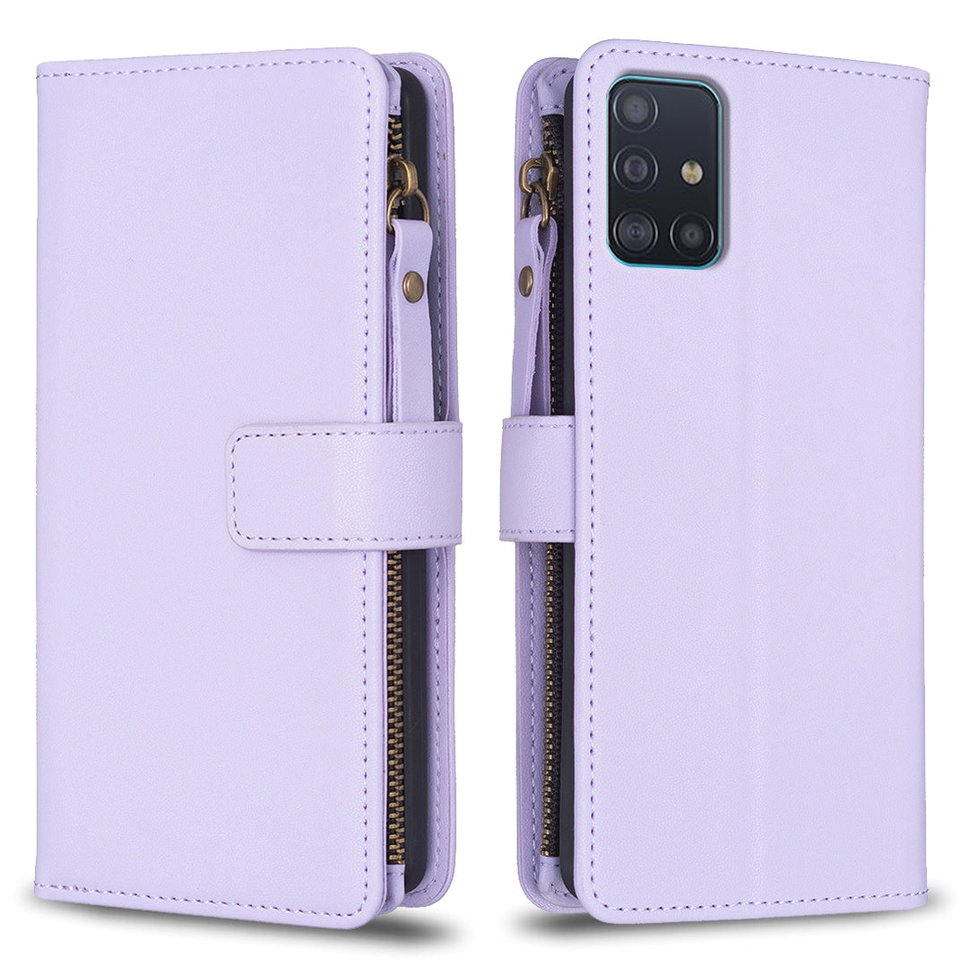 Samsung Galaxy A51 4G Leather Flip Phone Case with Zipper Wallet and 9 Card Slots, Durable PU + TPU Material