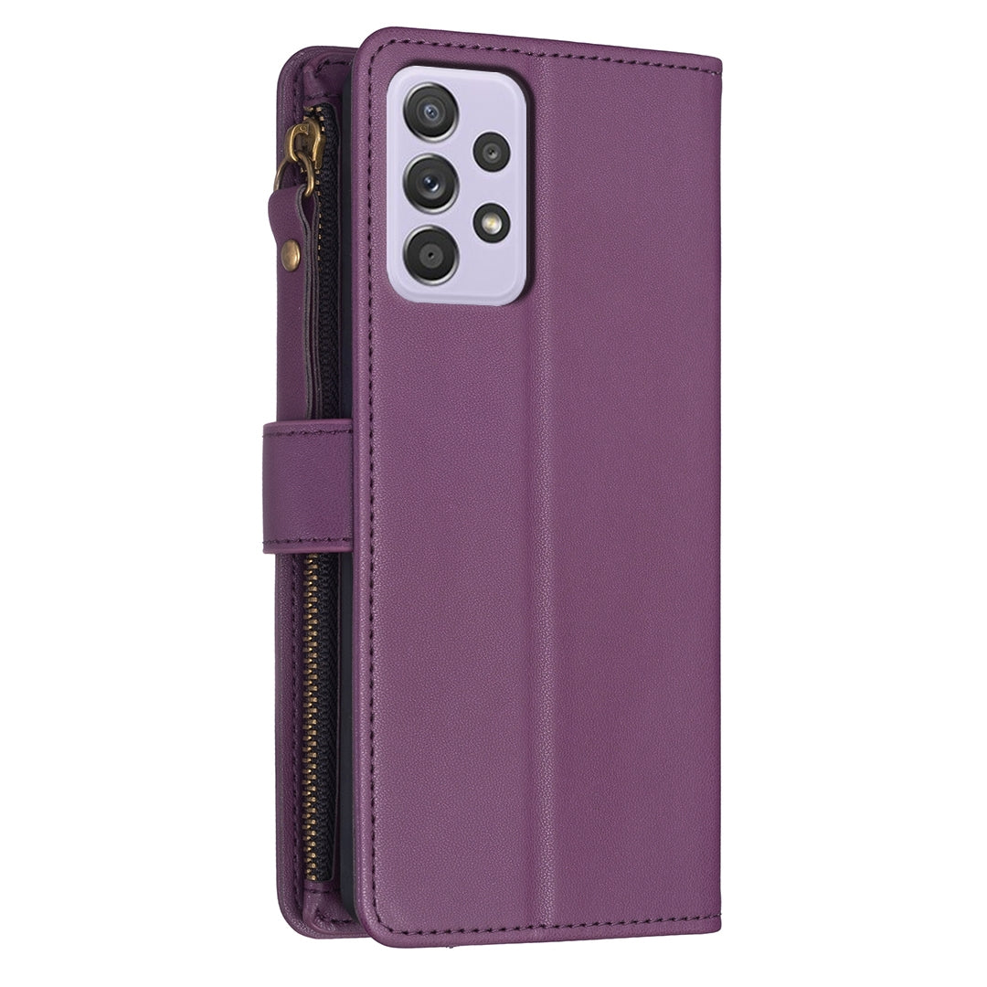 Samsung Galaxy A52 Leather Flip Phone Case with Zipper Wallet and 9 Card Slots, Durable PU + TPU Material