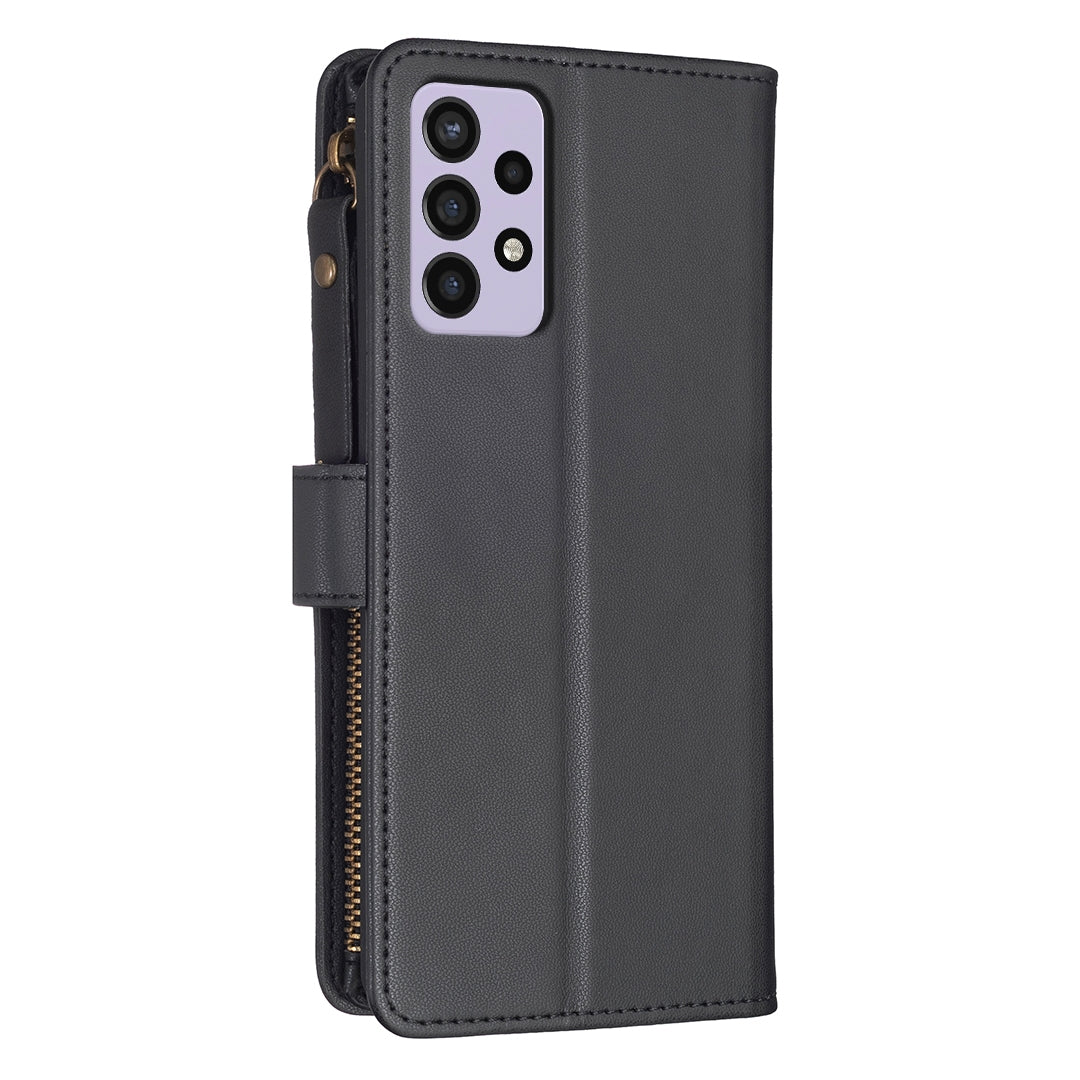 Samsung Galaxy A72 Leather Flip Phone Case with Zipper Wallet and 9 Card Slots, Durable PU + TPU Material