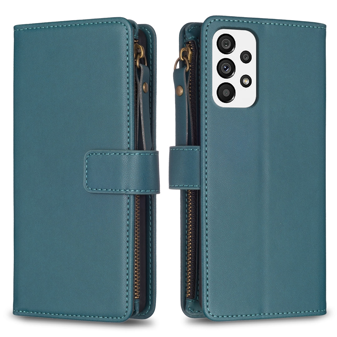 Samsung Galaxy A73 5G Leather Flip Phone Case with Zipper Wallet and 9 Card Slots, Durable PU + TPU Material