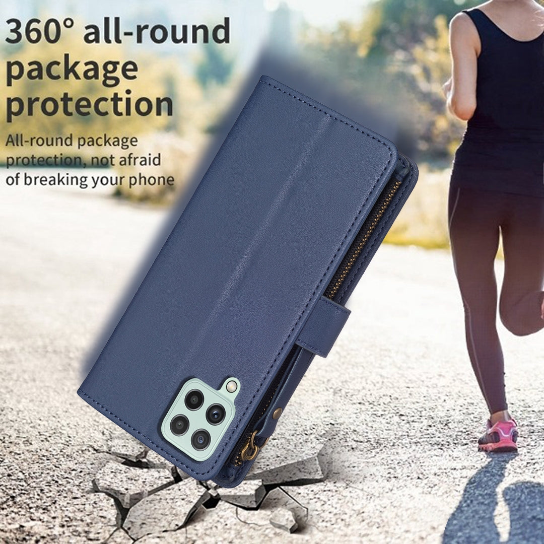 Samsung Galaxy A22 4G Leather Flip Phone Case with Zipper Wallet and 9 Card Slots, Durable PU + TPU Material