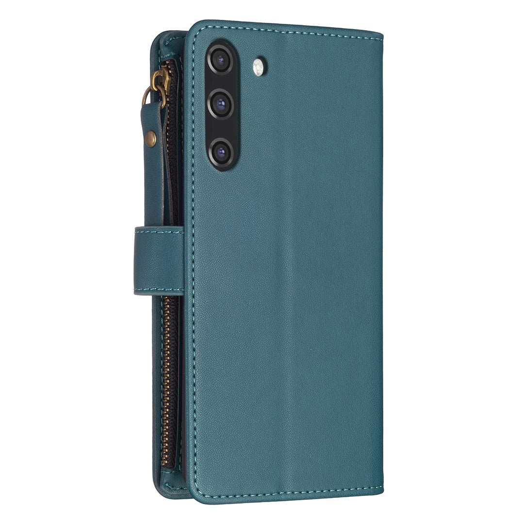 Samsung Galaxy S21 FE 5G Leather Flip Phone Case with Zipper Wallet and 9 Card Slots, Durable PU + TPU Material